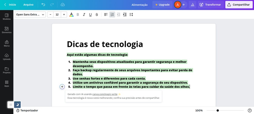 Escrita mágica do Canva utiliza inteligência artificial para sugerir conteúdo relacionado à palavra sugerida pelo usuário  — Foto: Reprodução/Ana Julia Vaz