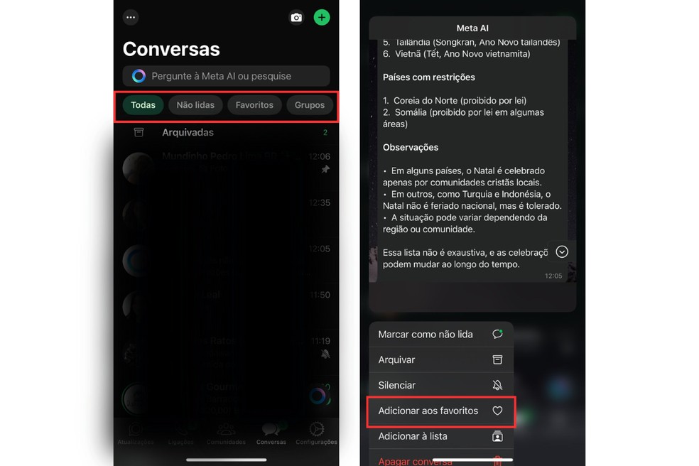 Os filtros de conversa dividem as mensagens por categoria, como "Favoritas" — Foto: Reprodução/João Pedro Lima
