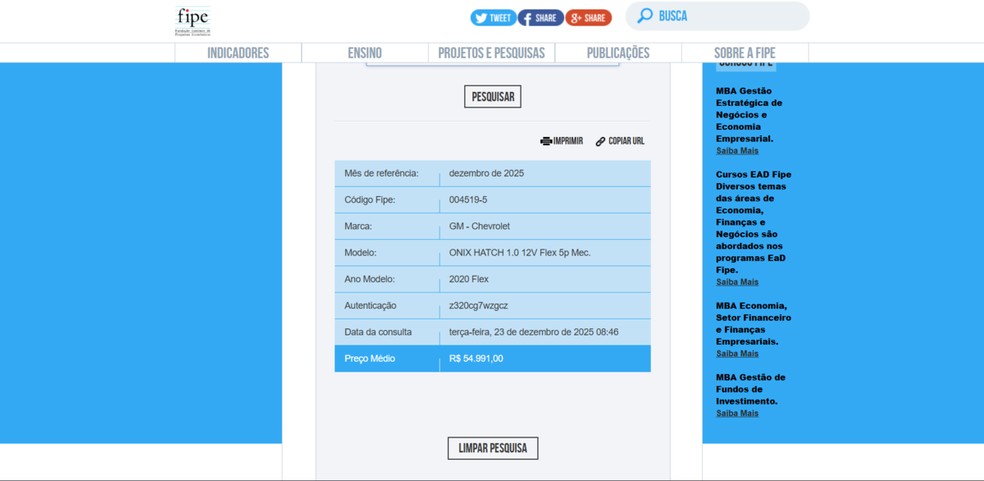  Reprodução/Tabela Fipe