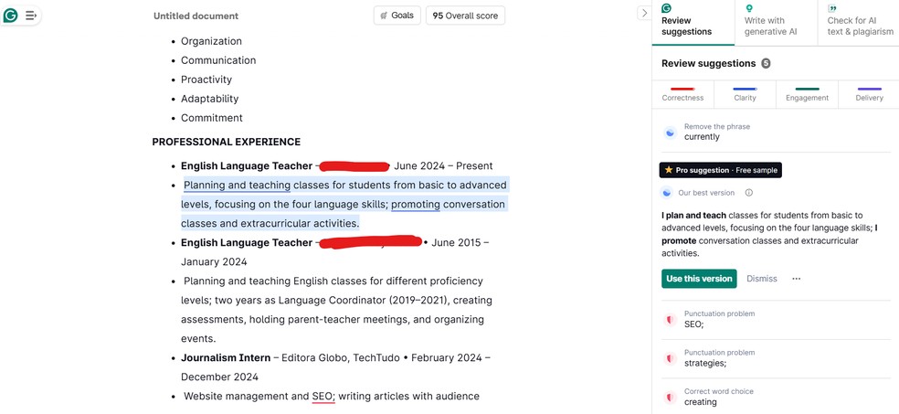 Após tradução do ChatGPT, conferimos a fluidez do texto no Grammarly — Foto: Reprodução/Gisele Veríssimo