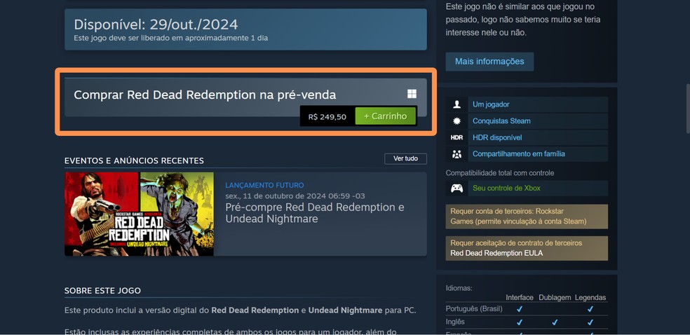 Selecione o botão "+ Carrinho" — Foto: Reprodução/Steam