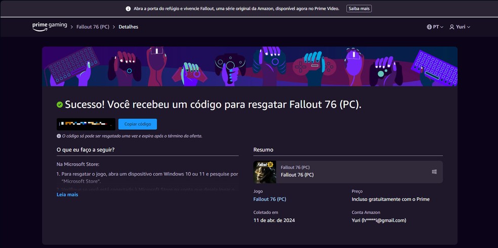 Fallout 76 de graça no Prime Gaming — Foto: Reprodução/Yuri Hildebrand