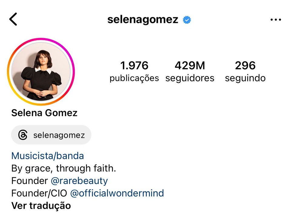 Selena Gomez é a terceira pessoa mais seguida na rede social, com 429 milhões de seguidores — Foto: Reprodução/Instagram