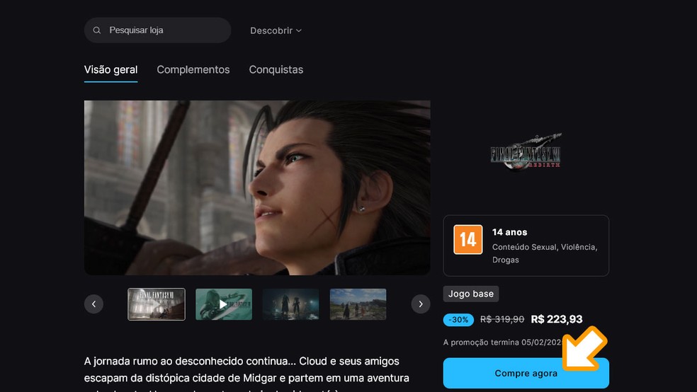 Na página de Final Fantasy 7 Rebirth na Epic Games Store clique em "Compre agora" e finalize a compra para baixar o jogo em seu PC — Foto: Reprodução/Rafael Monteiro