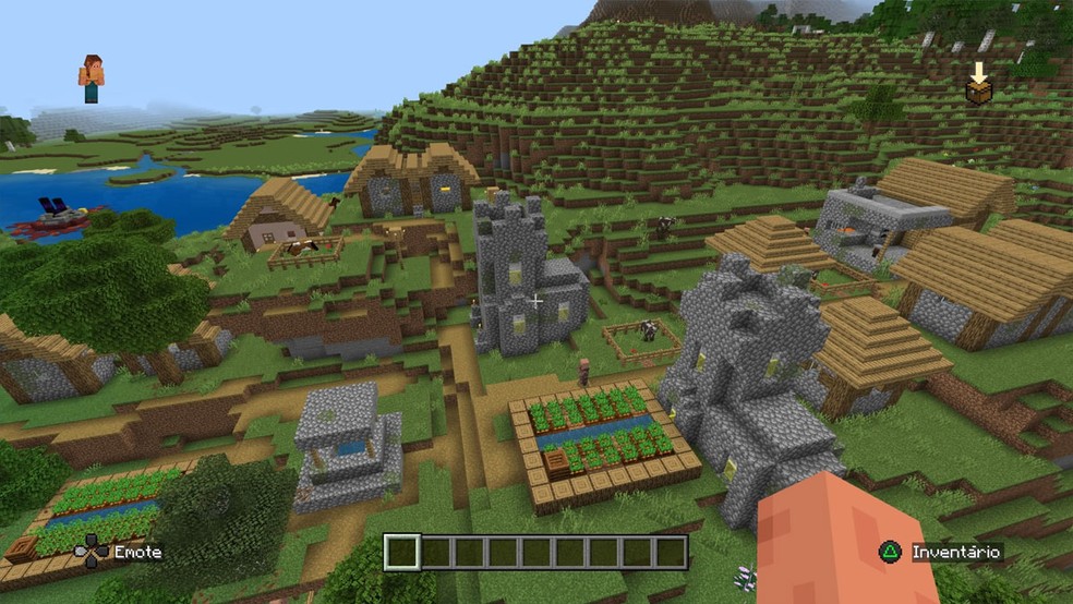 Este vilarejo em uma encosta de Minecraft sofre ataques constantes de cima, mas oferece boas aventuras — Foto: Reprodução/Rafael Monteiro