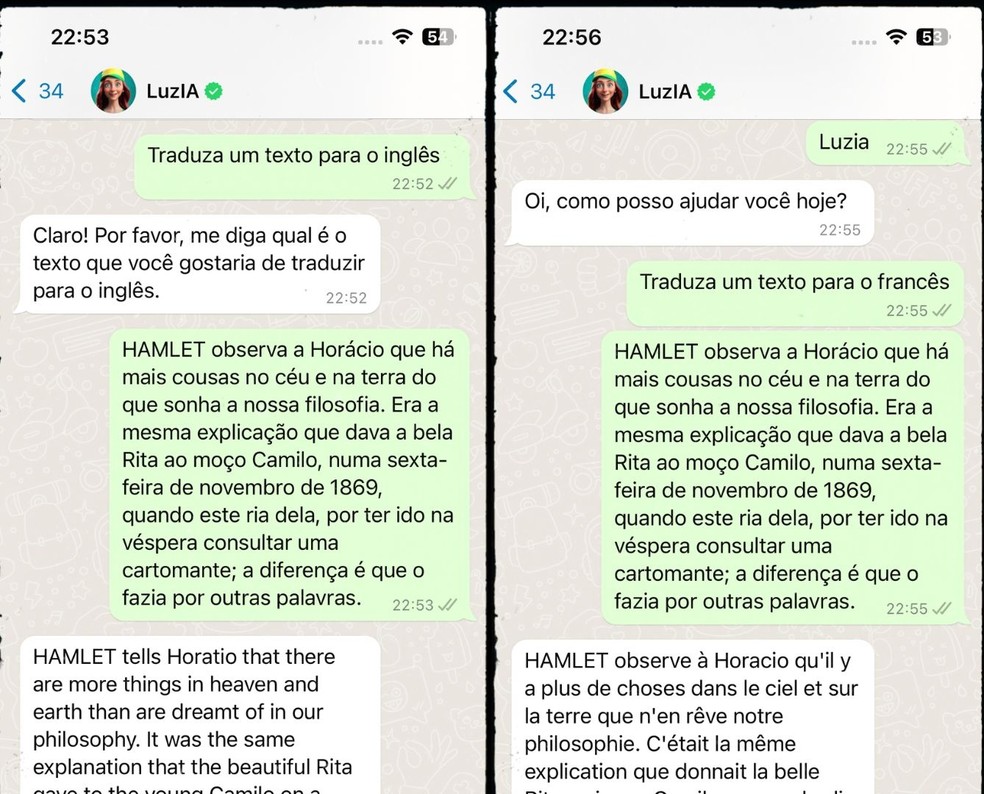 Inteligência artificial do WhatsApp, Luzia, faz traduções para diferentes idiomas — Foto: Reprodução/Gisele Souza