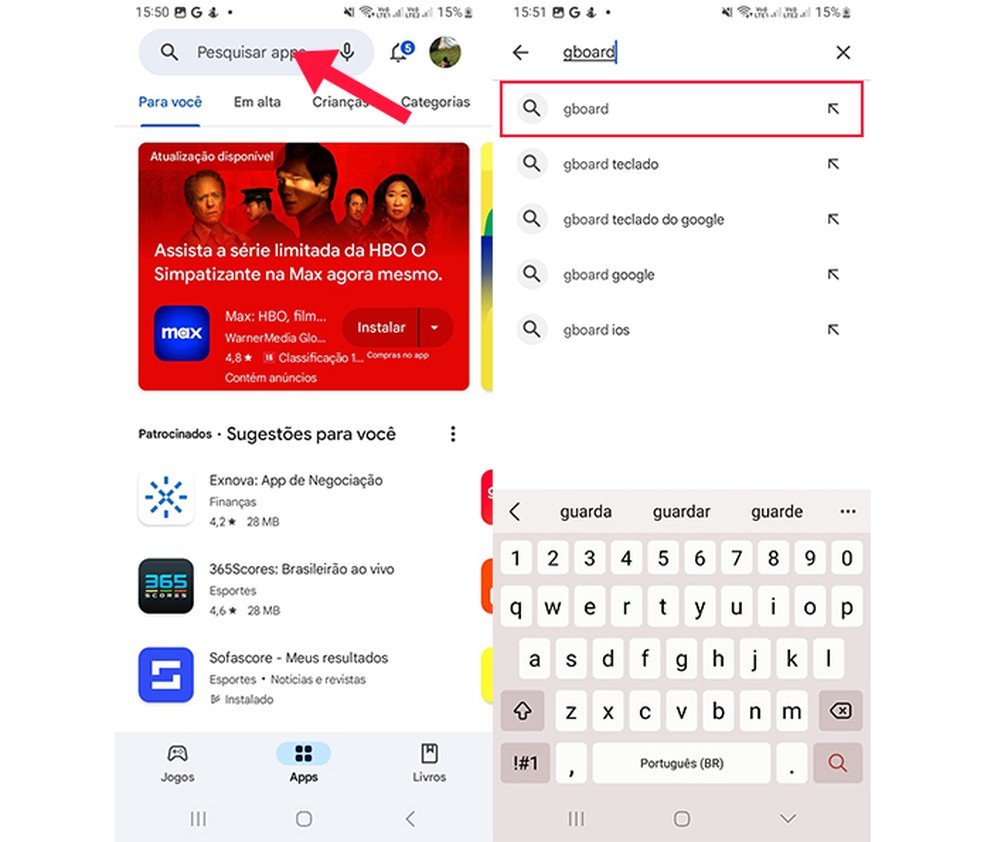 Ação para buscar o "Gboard" na Play Store — Foto: Reprodução/Marcela Franco