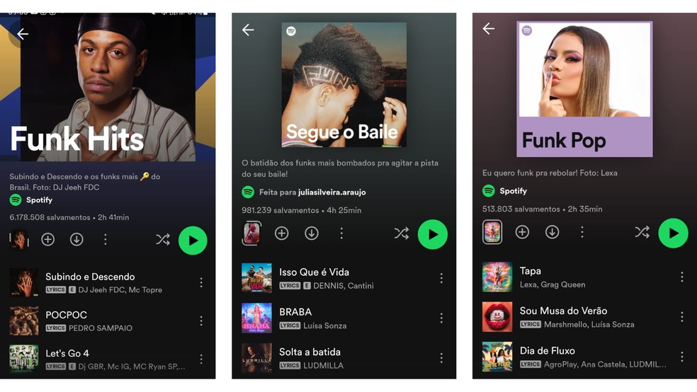 Playlists do Spotify com tela de Funk — Foto: Reprodução/Júlia Silveira