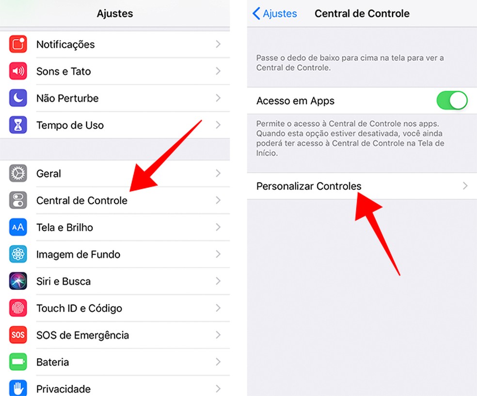 Acesse as configurações da central de controle do iOS — Foto: Reprodução/Paulo Alves