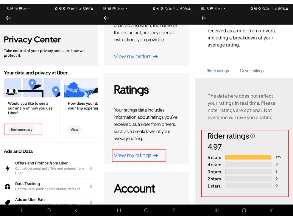 Conferindo avaliação no Uber: Na página de privacidade, clique em "Ver resumo", role a tela até item "Avaliações" e clique em "Ver minhas avaliações" — Foto: Reprodução/Daniel Trefilio