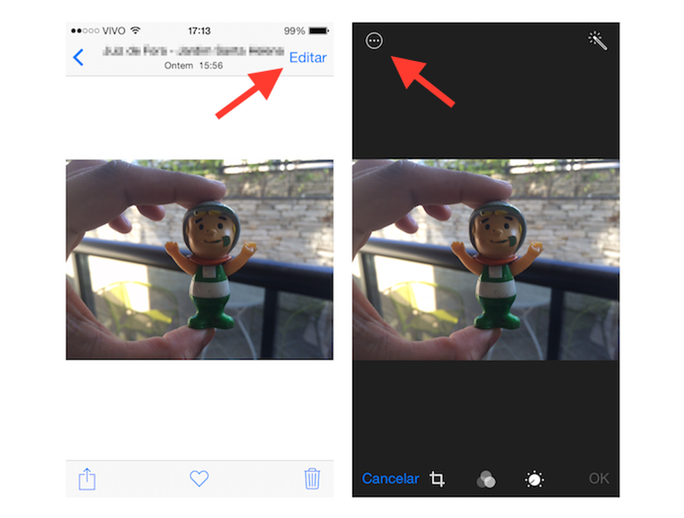 Acessando as ferramentas extras na edição de fotos do iOS 8 (Foto: Reprodução/Marvin Costa) — Foto: TechTudo
