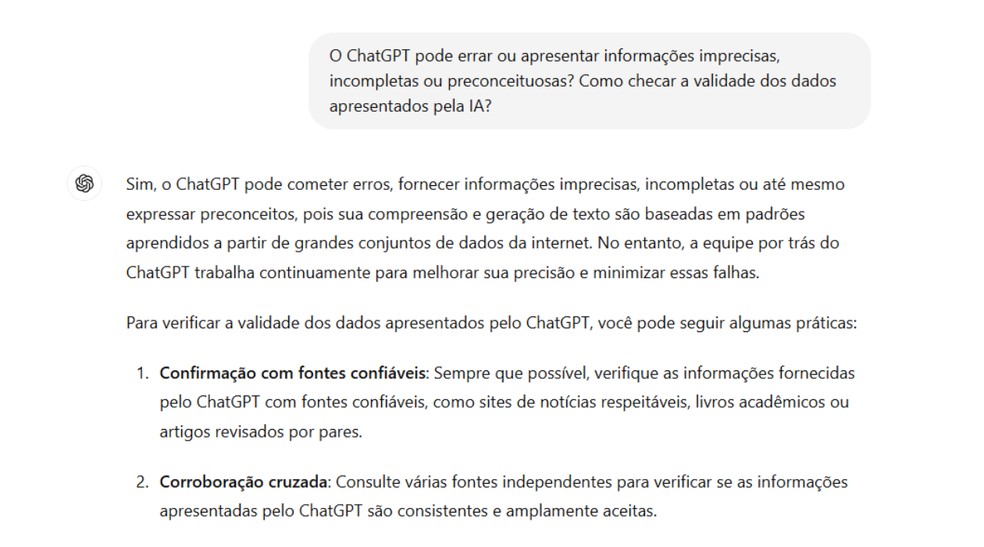 ChatGPT admite possibilidade de erros, imprecisões e reprodução de preconceitos — Foto: Reprodução/Júlia Silveira