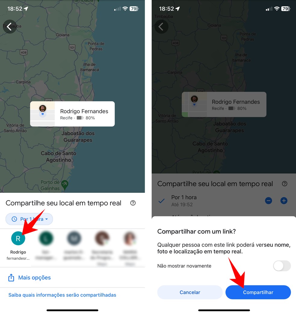 Compartilhamento da localização em tempo real do Google Maps — Foto: Reprodução/Rodrigo Fernandes