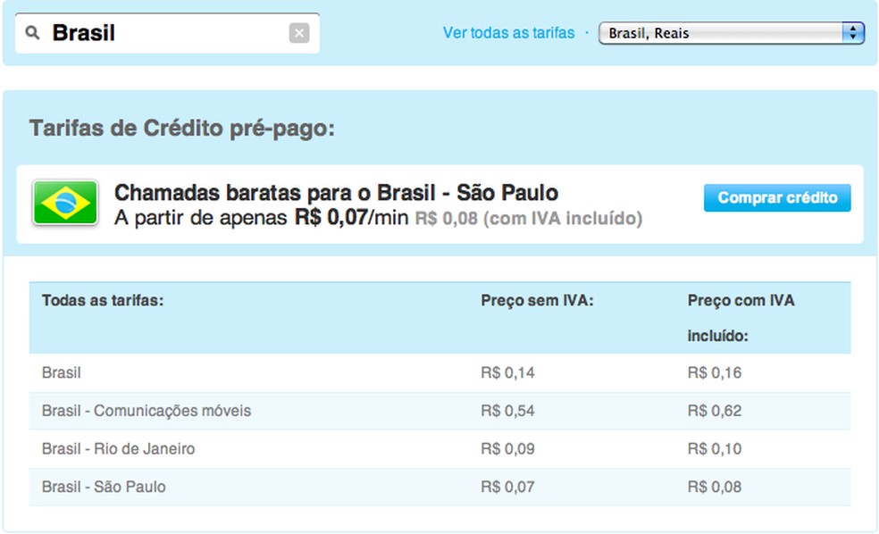 Tarifas do Skype no Brasil (Foto: Reprodução) — Foto: TechTudo