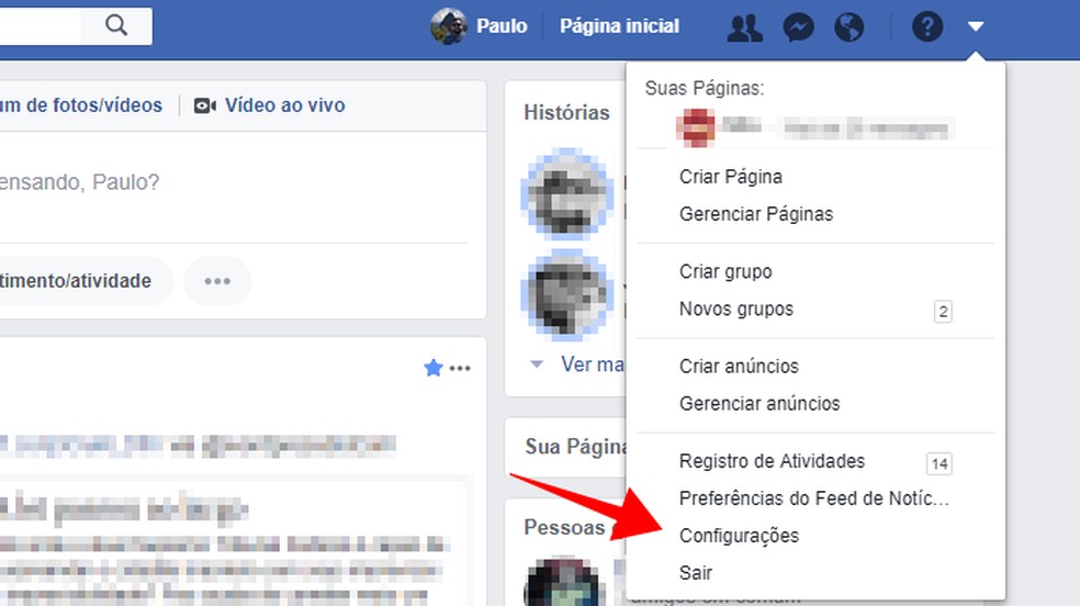 Acesse as configurações do Facebook na web — Foto: Reprodução/Paulo Alves