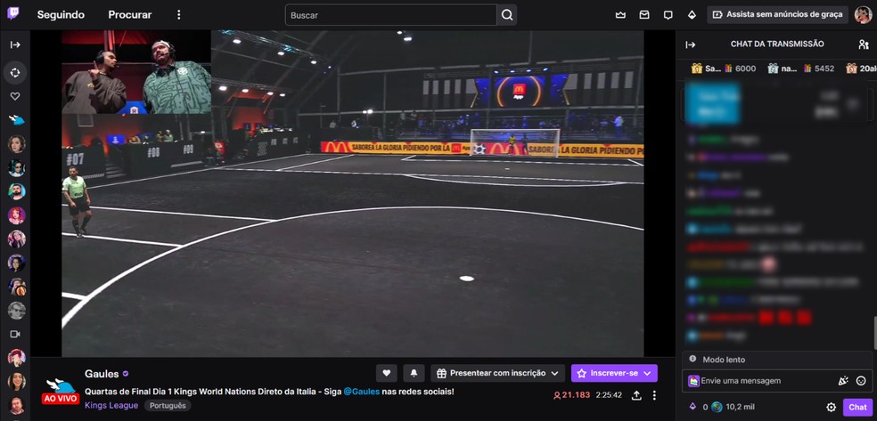 'Onde assistir aos jogos da Kings League Online?' Para conversar com outros espectadores no bate-papo, faça login ou cadastro na Twitch — Foto: Reprodução/Róbson Martins