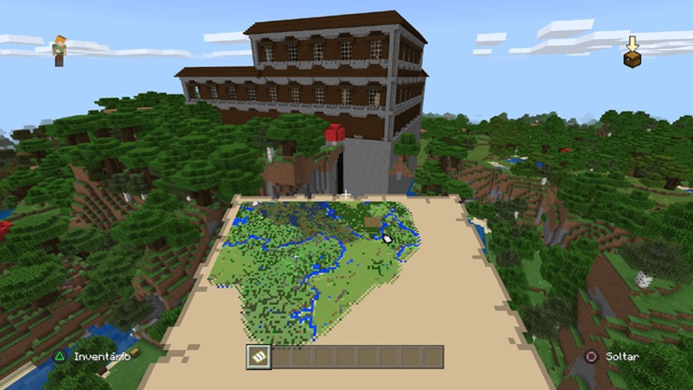 Uma ilha de minecraft com uma casa e uma árvore no topo.