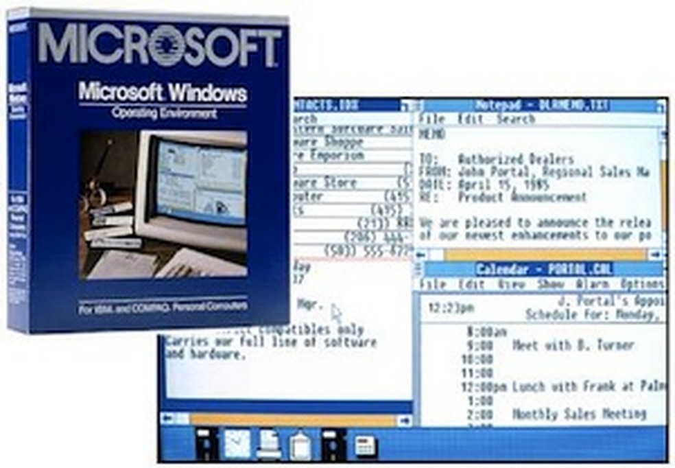 Imagem do Windows 1.0 ao fundo com caixa para comercialização na frente (Foto: Reprodução / Blogoscoped.com) (Foto: Imagem do Windows 1.0 ao fundo com caixa para comercialização na frente (Foto: Reprodução / Blogoscoped.com)) — Foto: TechTudo