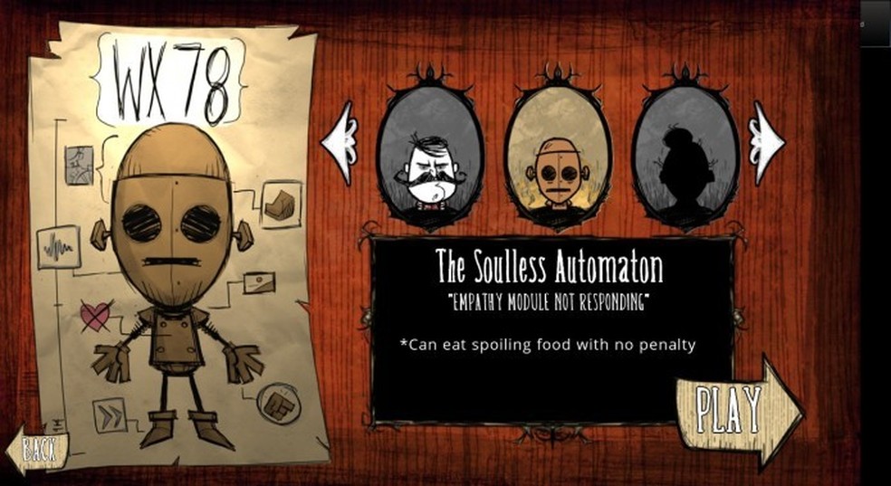 Tela de seleção com WX-78 (Foto: Reprodução/Dont Starve News Adventure) — Foto: TechTudo