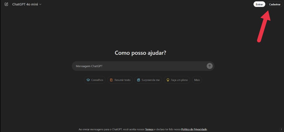 Faça login ou cadastre-se na plataforma — Foto: Reprodução/ChatGPT
