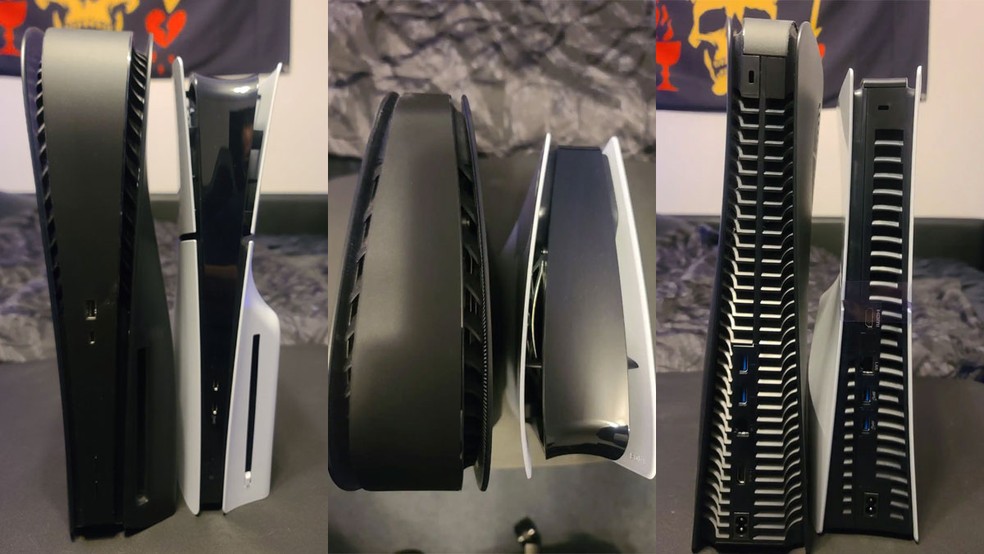 Fotos postadas por usuários na internet mostram a comparação de tamanho entre o PlayStation 5 Padrão (esquerda) e o PS5 "Slim" (direita) — Foto: Reprodução/phantompainss