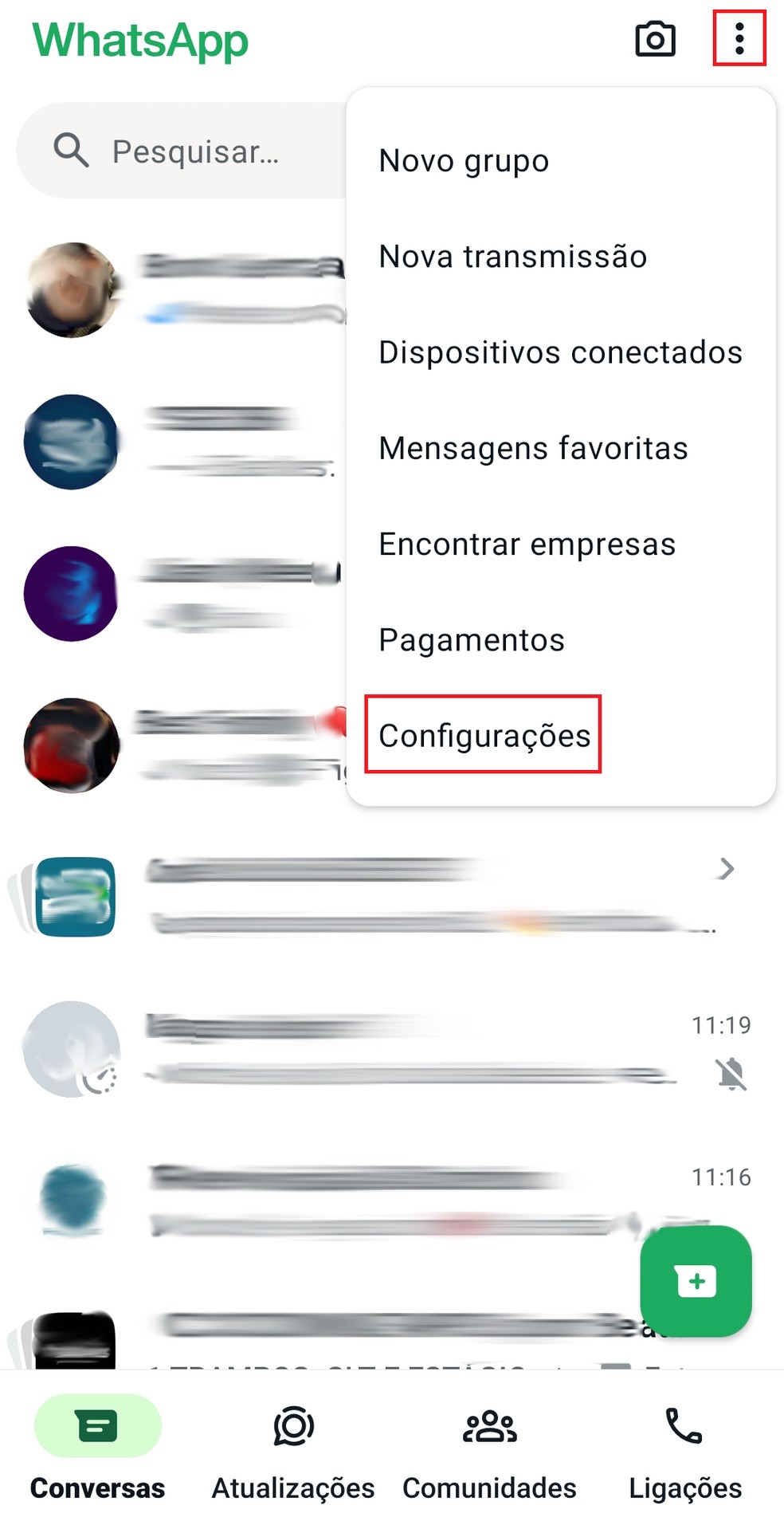 Vá nos três pontinhos e depois em "Configurações" — Foto: Reprodução/Bruno Guerra