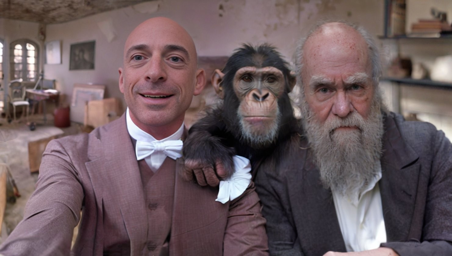 Aqui, Stelfie divide a calvície com Charles Darwin e um amigo primata — Foto: Reprodução/Twitter
