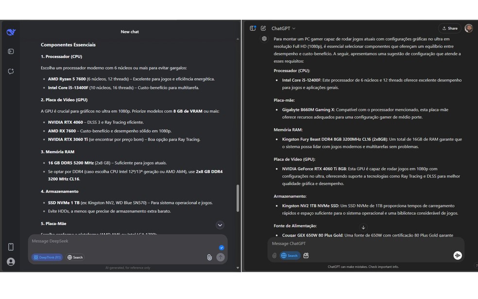  Reprodução/DeepSeek e ChatGPT