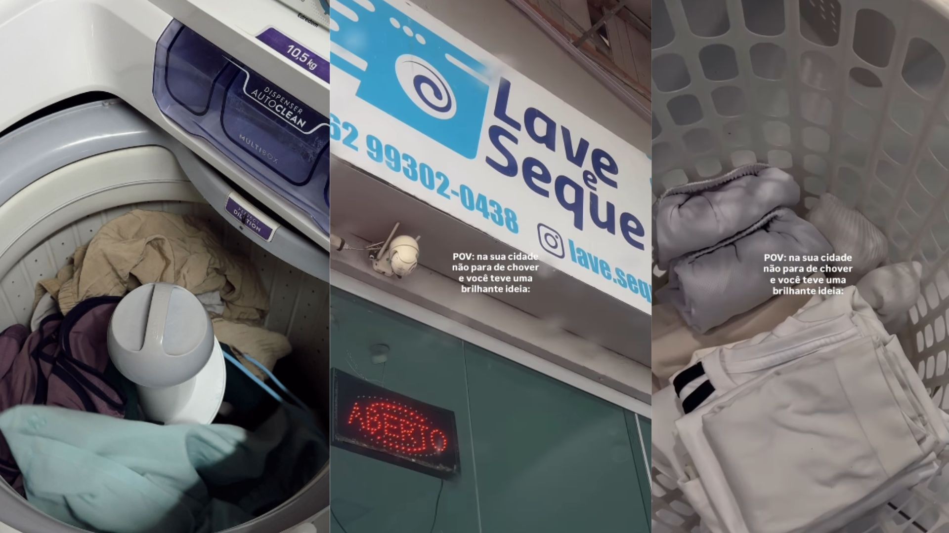 Lavar em casa e secar na lavanderia? Vídeo viral mostra solução na chuva