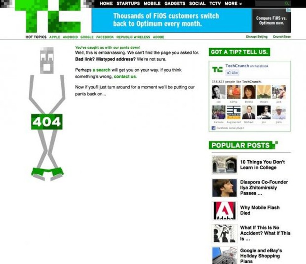 Página de erro 404 do TechCrunch (Foto: Reprodução/BusinessInsider) — Foto: TechTudo