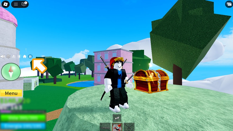 Durante o gameplay de Blox Fruits em Roblox clique no ícone do presente azul na parte esquerda da tela, acima de sua bússola — Foto: Reprodução/Rafael Monteiro