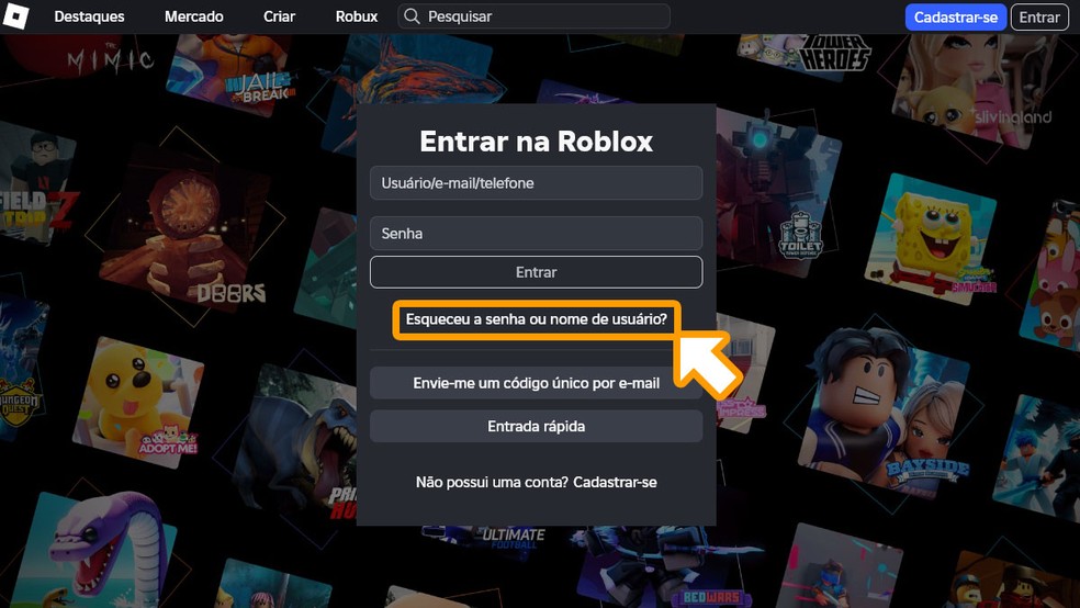 Acesse a página inicial de Roblox e na página de Login clique em "Esqueceu a senha ou nome de usuário?" — Foto: Reprodução/Rafael Monteiro