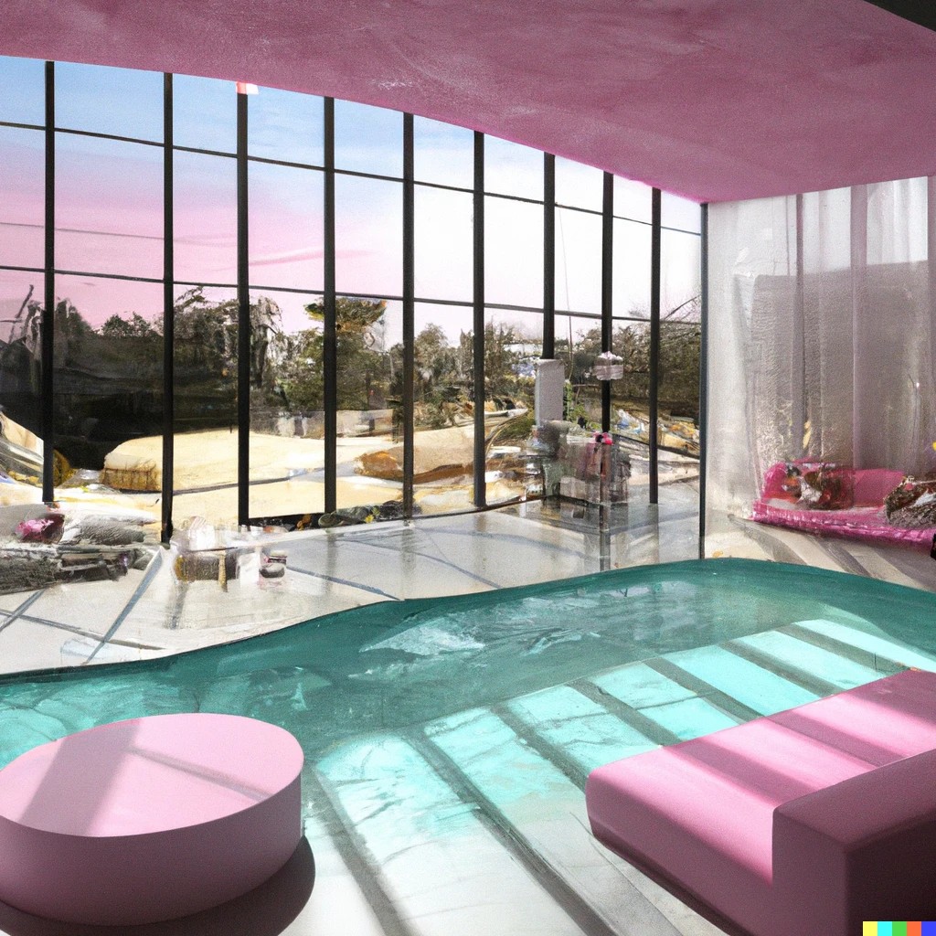 Uma área de salão coberta iluminada pelo sol com uma piscina com água clara e outra piscina com água rosa pastel translúcida, ao lado de uma grande janela; arte digital — Foto: Reprodução/Dall-E 2
