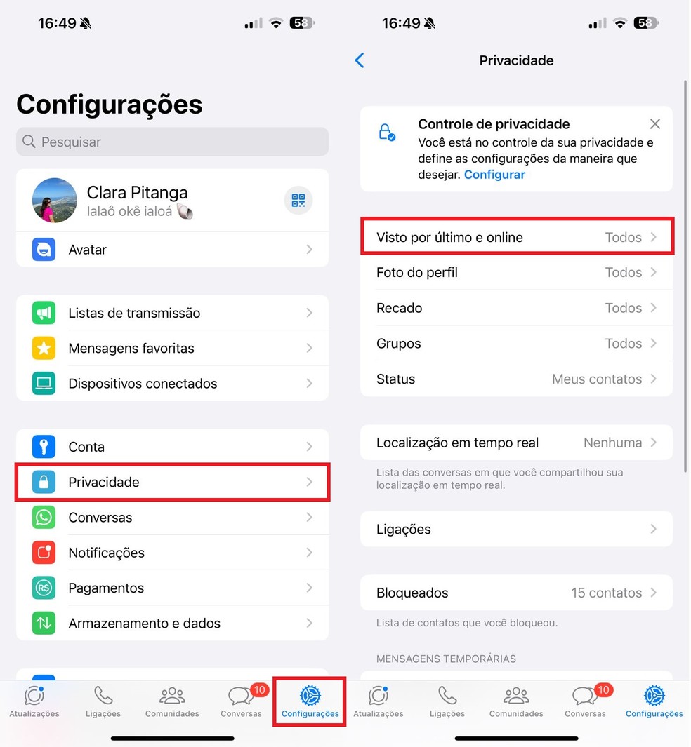 Removendo o indicativo "online" do WhatsApp no iPhone (iOS) — Foto: Reprodução/Clara Fabro