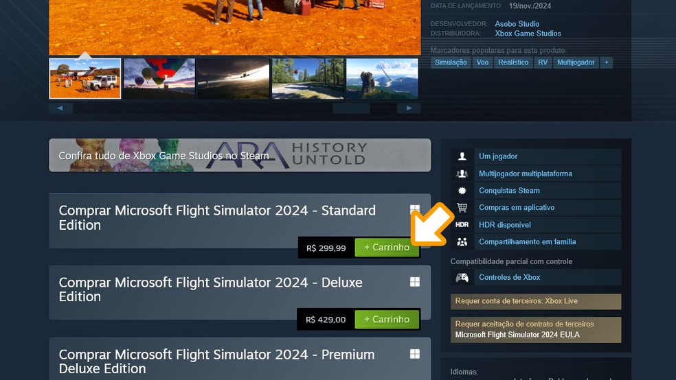 Na página de Microsoft Flight Simulator 2024 no Steam clique em "+ Carrinho" abaixo das imagens e finalize a compra para baixar o game em seu PC — Foto: Reprodução/Rafael Monteiro