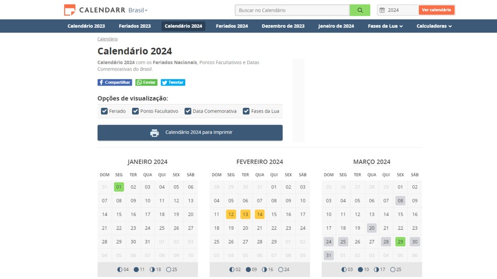 Site Calendarr permite visualizar o calendário de 2024 com feriados gratuitamente — Foto: Reprodução/Júlia Silveira