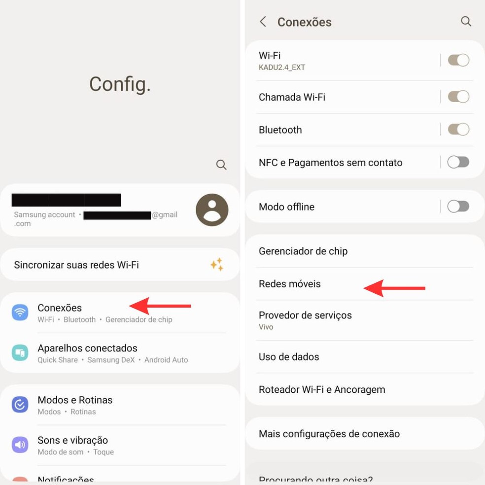 Opções "Conexões" e "Redes móveis" em destaque nas configurações de um celular Android — Foto: Reprodução/Katarina Bandeira