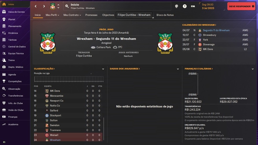 Seja o responsável por colocar o Wrexham na Premier League no Football Manager 2024 — Foto: Reprodução/Filipe Curitiba