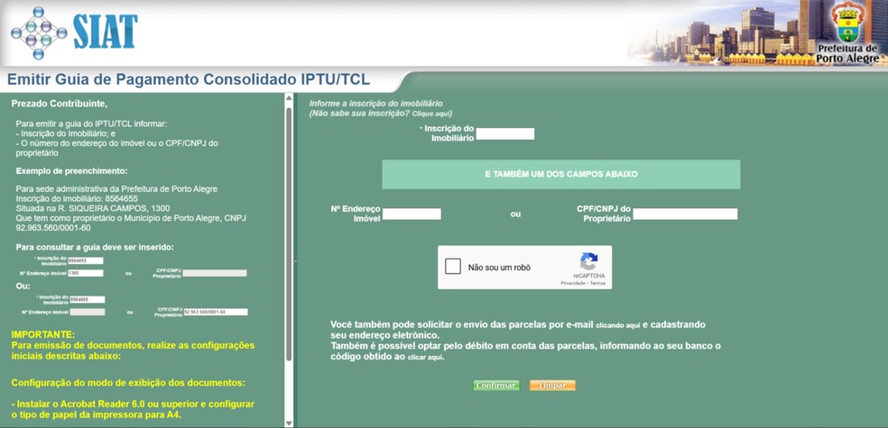 Informe a inscrição do imóvel e também insira ou o número do endereço do imóvel, ou o CPF/CNPJ do proprietário, além de realizar a verificação Captcha — Foto: Reprodução/Matheus Azevedo