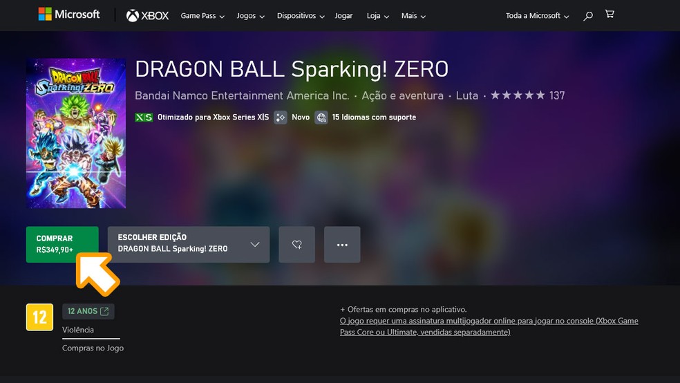 Na página de Dragon Ball Sparking! Zero na Microsoft Store complete sua compra para fazer download do game em seu Xbox Series X ou Xbox Series S — Foto: Reprodução/Rafael Monteiro