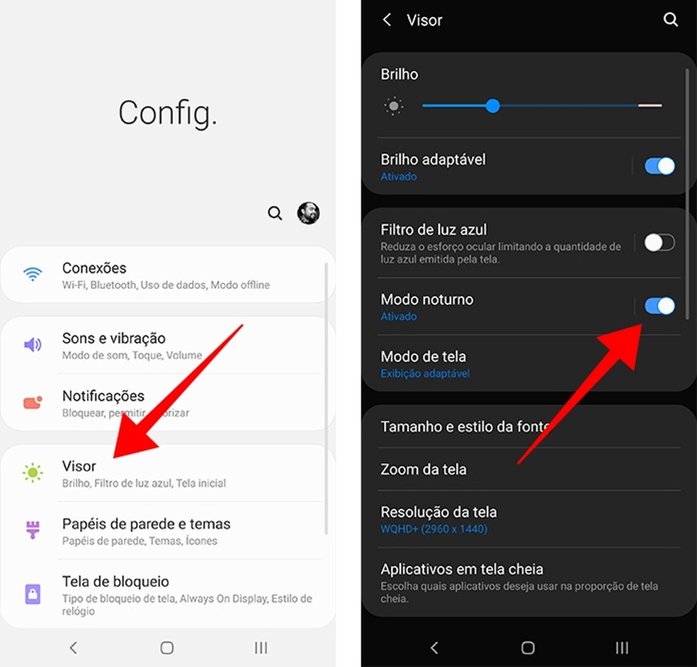 Ative o Modo Noturno nas configurações de tela do Android 9 ou 10 — Foto: Reprodução/Paulo Alves