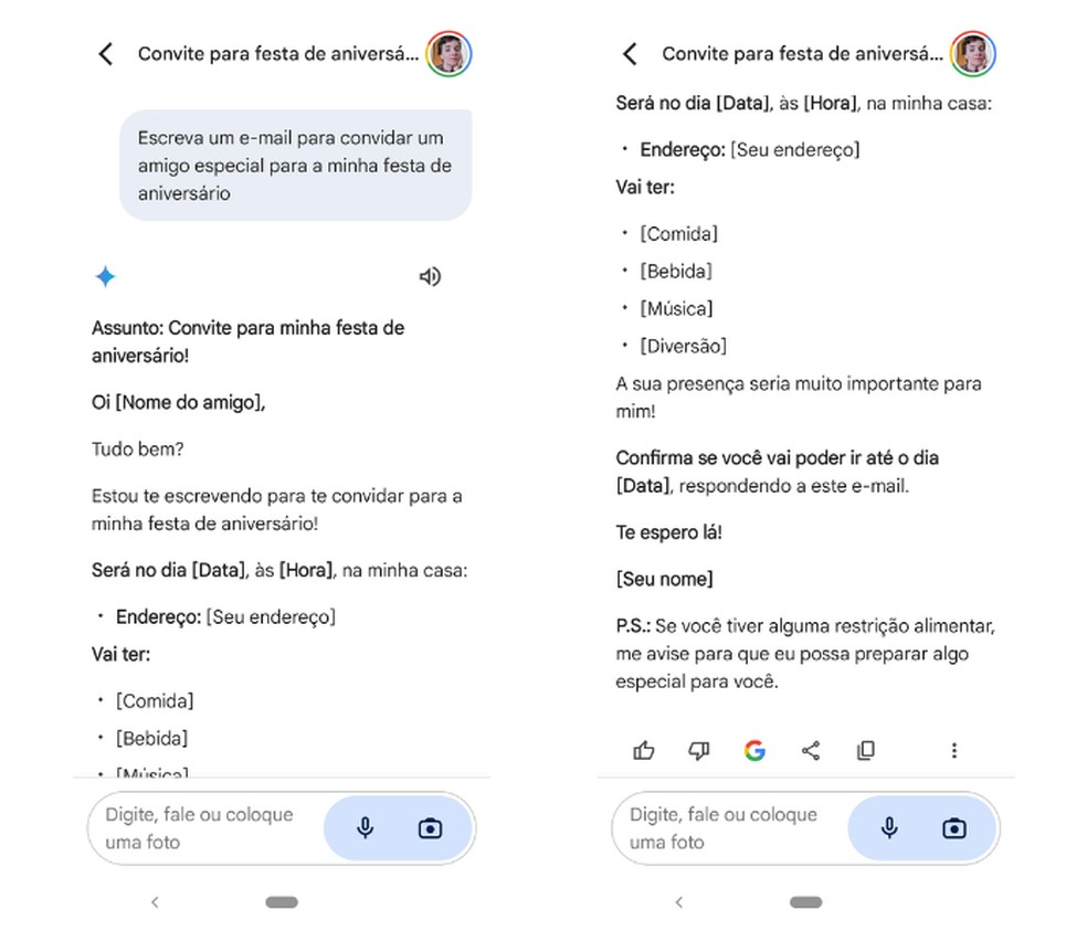 Gemini pode criar rascunhos de e-mail do zero ou aperfeiçoar textos prontos, com o objetivo de torná-los mais formais ou concisos, por exemplo — Foto: Reprodução/Mariana Tralback