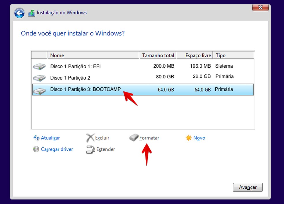 Formate a partição do Boot Camp para instalar o Windows (Foto: Reprodução/Helito Bijora) — Foto: TechTudo