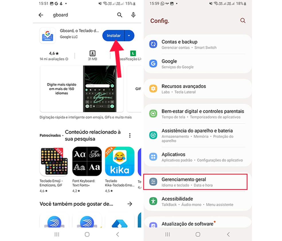 Ação para instalar o Gboard no celular — Foto: Reprodução/Marcela Franco