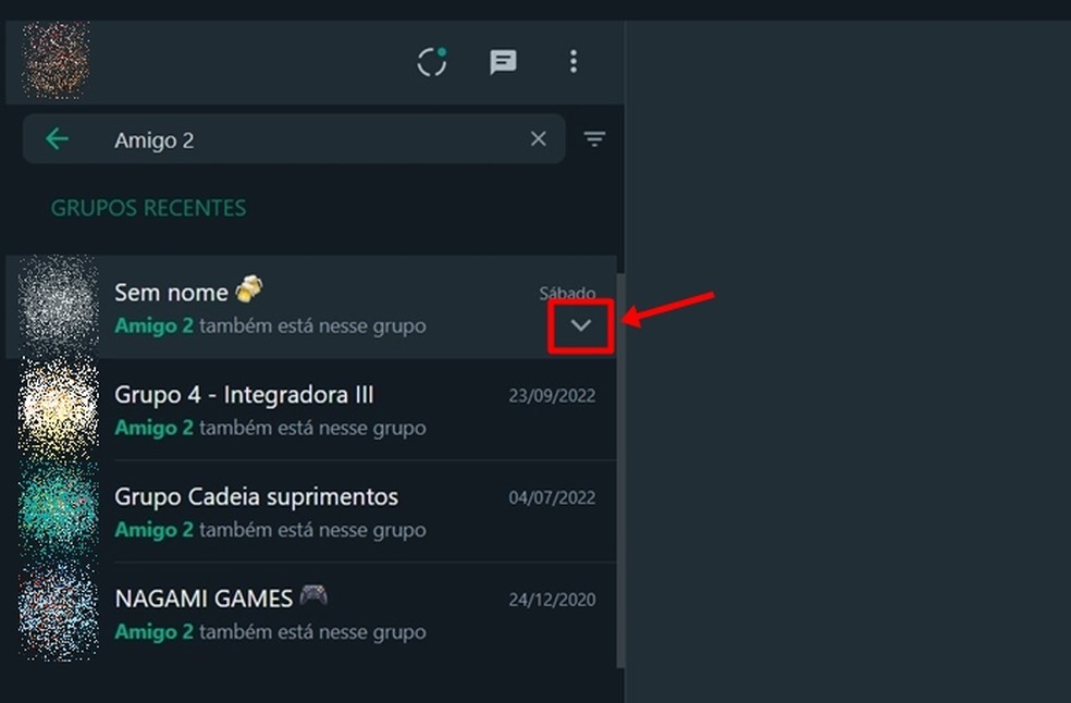 Para ver as opções de ações possíveis para um grupo em comum, passe o mouse e clique no ícone de "seta para baixo" — Foto: Reprodução/Gabriela Andrade