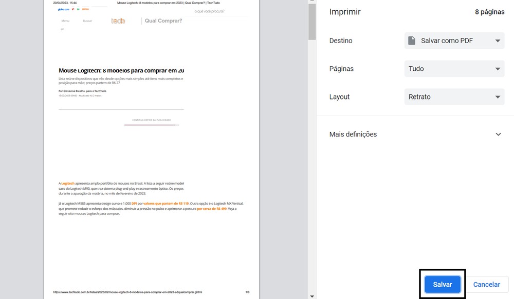 Como salvar página de internet em PDF