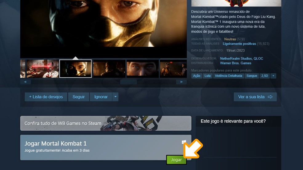 Na página de Mortal Kombat 1 no Steam selecione "Jogar" para baixar o jogo em seu computador — Foto: Reprodução/Rafael Monteiro