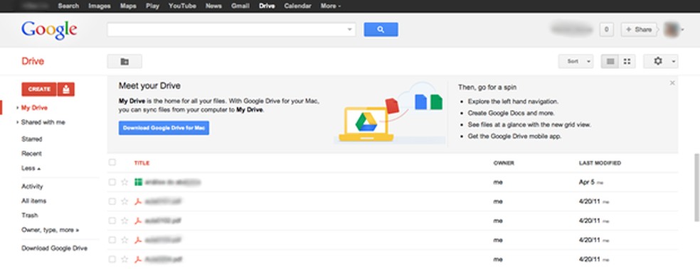 Página principal do Google Drive (Foto: Reprodução / Pedro Pisa) — Foto: TechTudo