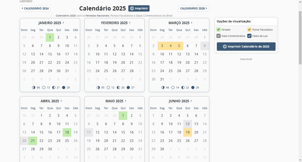 Calendário presente na plataforma Calendarr — Foto: Reprodução/Gabriel Pereira