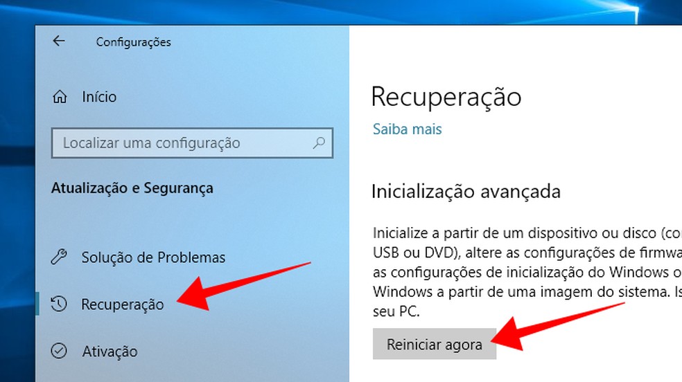 Acesse o ambiente de recuperação do Windows 10 — Foto: Reprodução/Paulo Alves